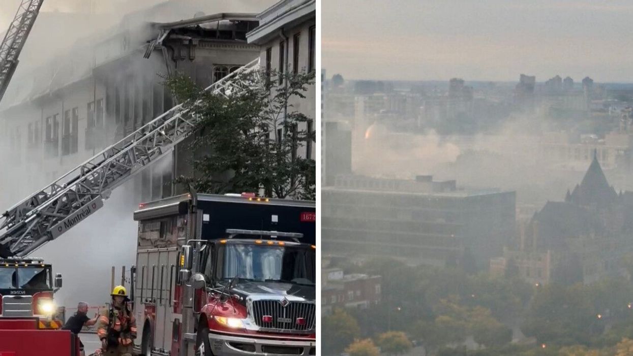 Des pompiers sont devant un immeuble en fumée. Droite: vue sur le Vieux-Montréal en fumée.