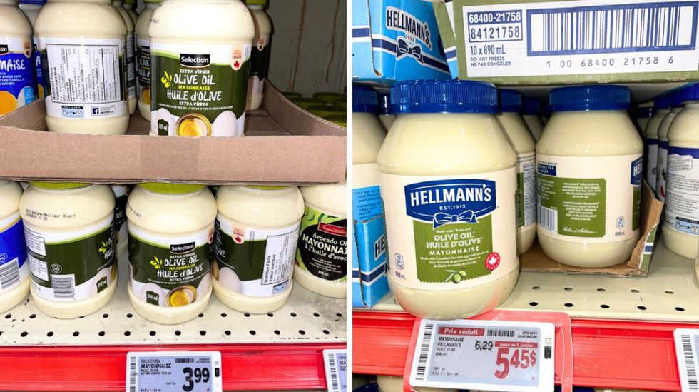 Des pots de mayonnaise \u00e0 3,99 $ \u00e0 l'\u00e9picerie. Droite: Pots de mayo Hellmann's affich\u00e9s \u00e0 5,45 $ en sp\u00e9cial.