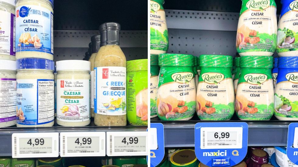 Des pots de vinaigrette c\u00e9sar \u00e0 l'\u00e9picerie avec le prix. Droite: Des pots de vinaigrette c\u00e9sar de la marque Ren\u00e9e's avec un couvercle vert.