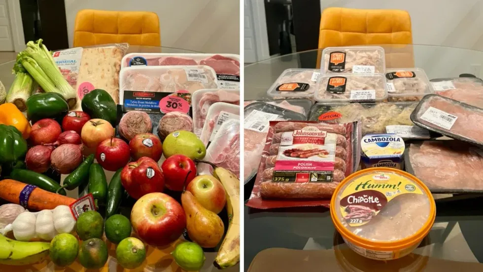 Des produits d'\u00e9picerie (fruits, l\u00e9gumes, viandes, fromages, pain, etc) sont \u00e9tal\u00e9s sur une table en vitre. Droite : Des produits d'\u00e9picerie (fruits, l\u00e9gumes, viandes, fromages, pain, etc) sont \u00e9tal\u00e9s sur une table en vitre.