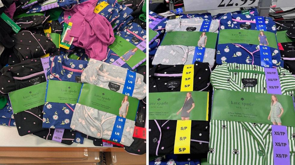 Des pyjamas \u00e0 motifs color\u00e9s dans le rayon des v\u00eatements chez Costco. Droite : des pyjamas \u00e0 motifs color\u00e9s Kate Spade dans le rayon des v\u00eatements chez Costco.