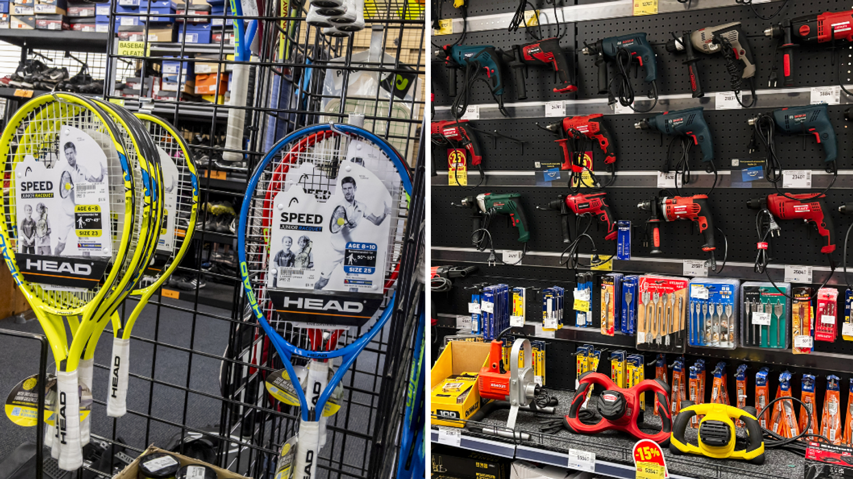 Des raquettes de tennis. À droite : des outils.