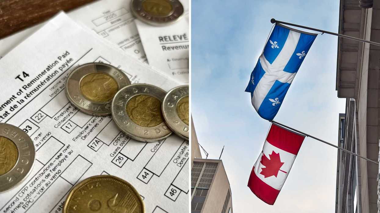 Des revenus d'impôt. Droite : un drapeau canadien et québécois.