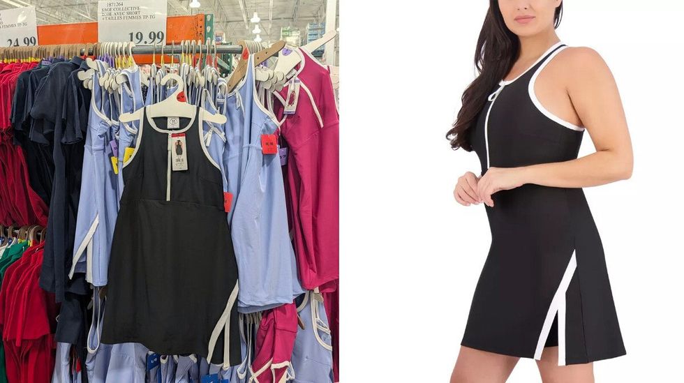 Des robes de sport bleues, roses et noires dans le rayon des v\u00eatements chez Costco. Droite : une mannequin qui porte le mod\u00e8le noir.