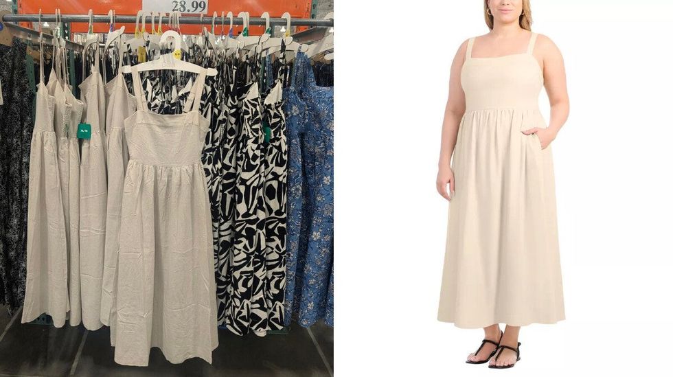 Des robes longues en lin beige et \u00e0 motifs dans le rayon des v\u00eatements chez Costco. Droite : une mannequin qui porte le mod\u00e8le beige.