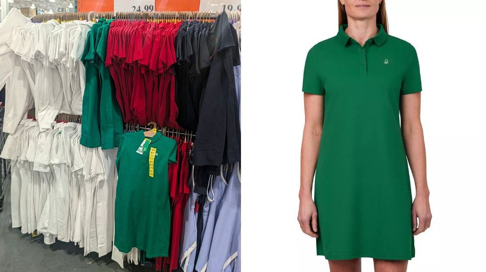 Des robes style polo color\u00e9es dans le rayon des v\u00eatements chez Costco. Droite : une mannequin qui porte le mod\u00e8le vert.