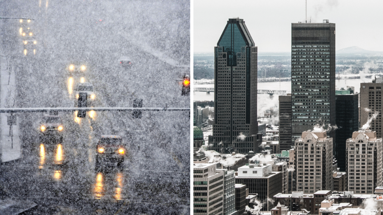 Des routes enneigées. Droite: Gratte-ciel de la ville de Montréal.