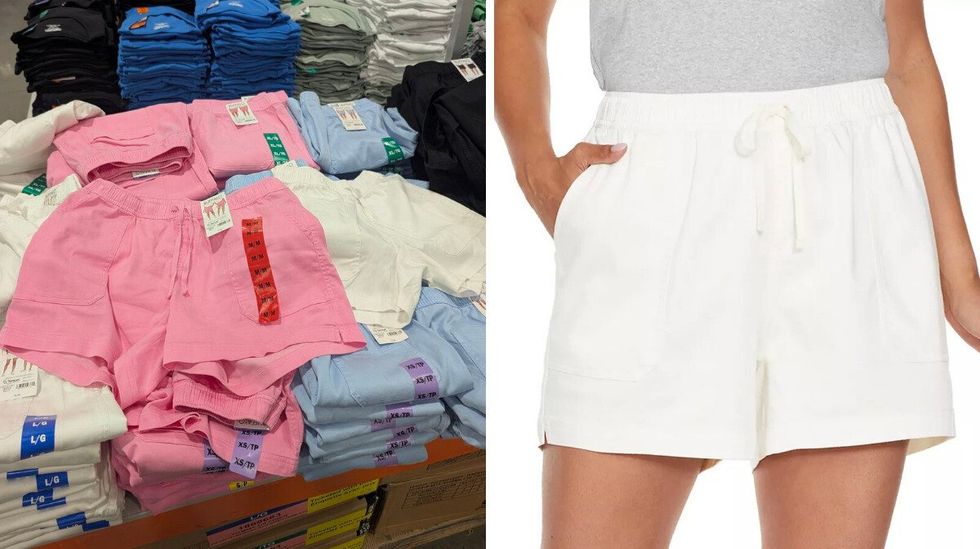 Des shorts blancs, bleus et roses dans le rayon des v\u00eatements chez Costco. Droite : une mannequin qui porte le mod\u00e8le blanc.