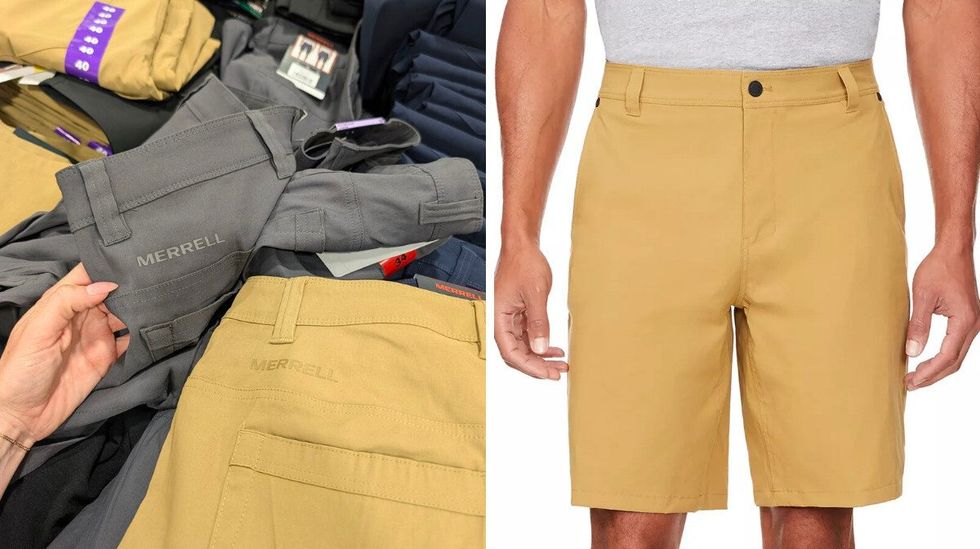Des shorts gris et beiges dans le rayon des v\u00eatements chez Costco. Droite : mannequin qui porte le mod\u00e8le beige.