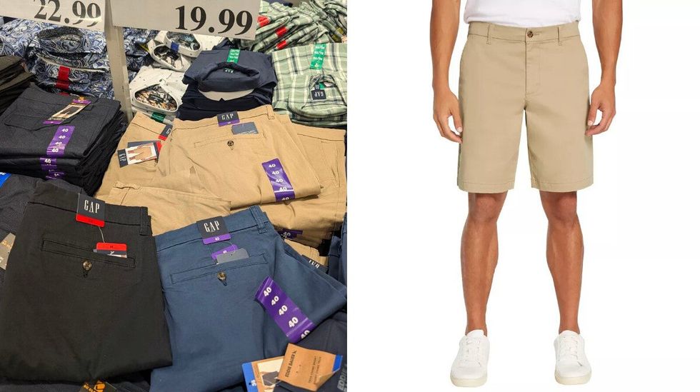 Des shorts noirs, beiges et bleus dans le rayon des v\u00eatements chez Costco. Droite : mannequin qui porte le mod\u00e8le beige.