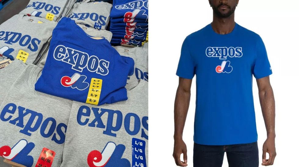 Des t-shirts gris et bleus avec logo des Expos de Montr\u00e9al dans le rayon des v\u00eatements chez Costco. Droite : mannequin qui porte le mod\u00e8le bleu.