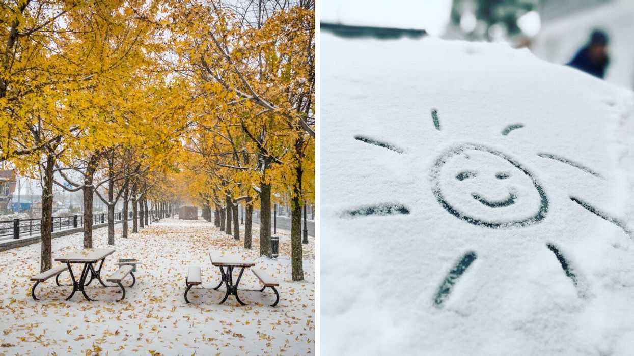 Des tables de pique-nique recouverte d'une fine neige avec des feuilles orange tombées des arbres. Droite : un soleil dessiné dans une fine couche de neige.