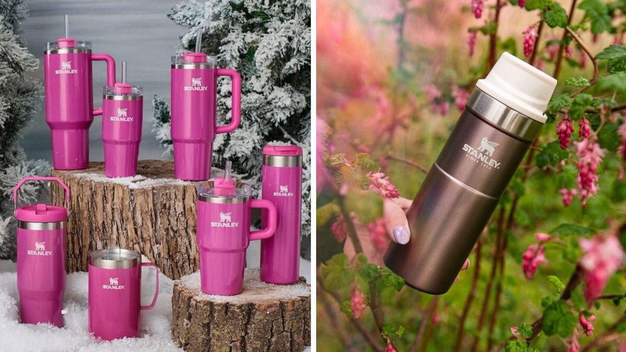 Des tasses Stanley de tous les modèles. Droite : Une tasse « Trigger Action », visée par le rappel.
