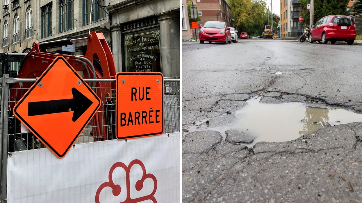 Des travaux à Montréal. Droite : un nid-de-poule à Montréal.