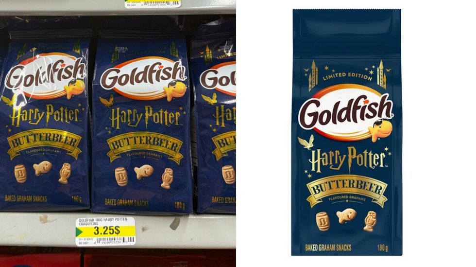 Des \u00ab P'tits poissons \u00bb Craquelins Goldfish Harry Potter au Dollarama. Droite : \u00ab P'tits poissons \u00bb Craquelins Goldfish Harry Potter au Walmart.