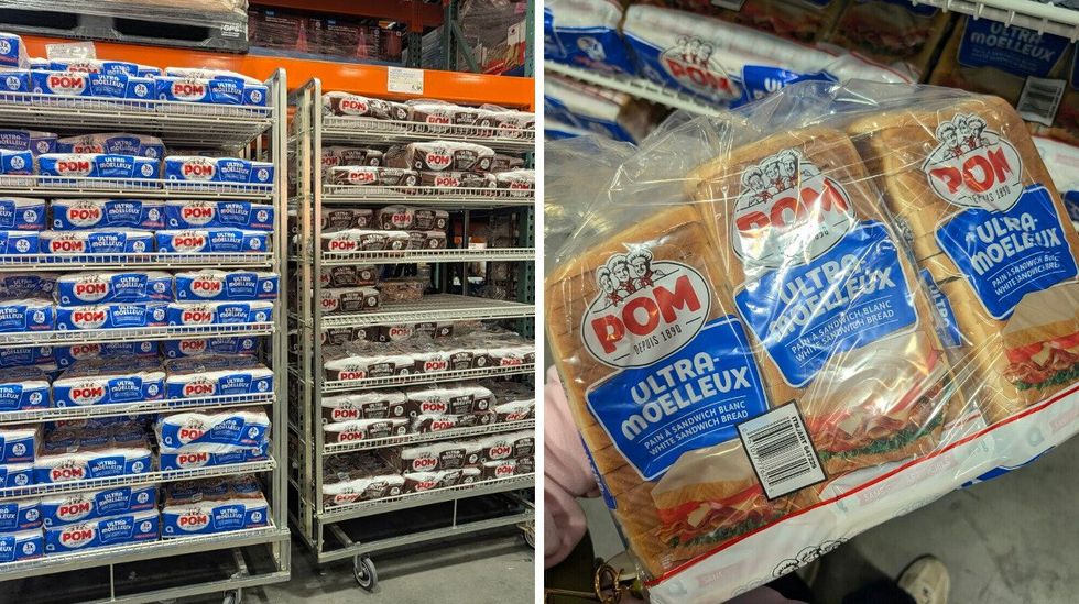 Des \u00e9talages comprenant des pains de marque POM vendus chez Costco. Droite : un paquet de 3 miches de pains POM vendu chez Costco.