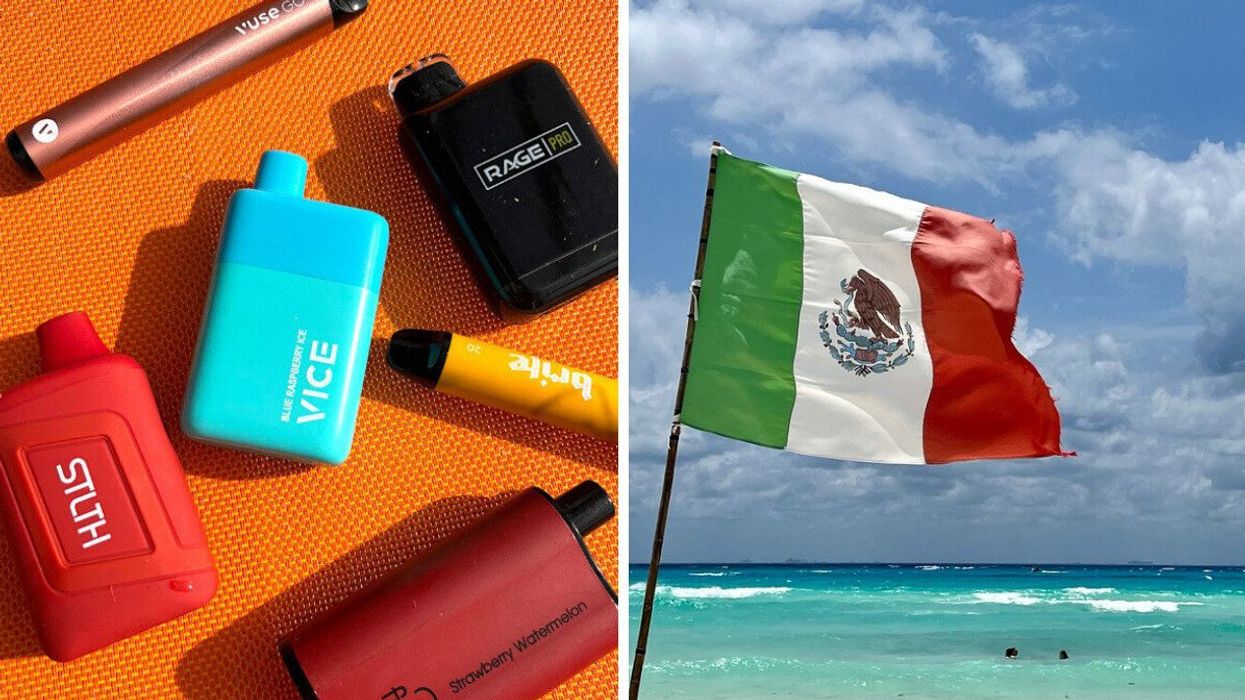 Des vapoteuses. Droite : Un drapeau du Mexique au bord de la plage.