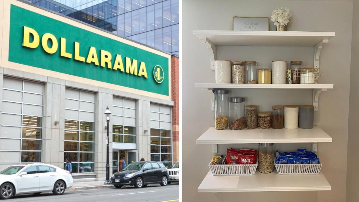 Des véhicles stationnés devant un magasin Dollarama. Droite : Organisation de garde-manger.