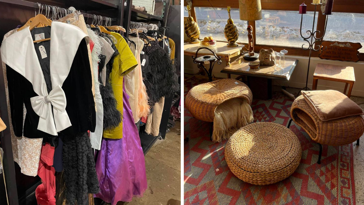 Des vêtements usagés à vendre à l'ÉcoDépôt Montréal. Droite : Des meubles et décorations à vendre à l'ÉcoDépôt Montréal.
