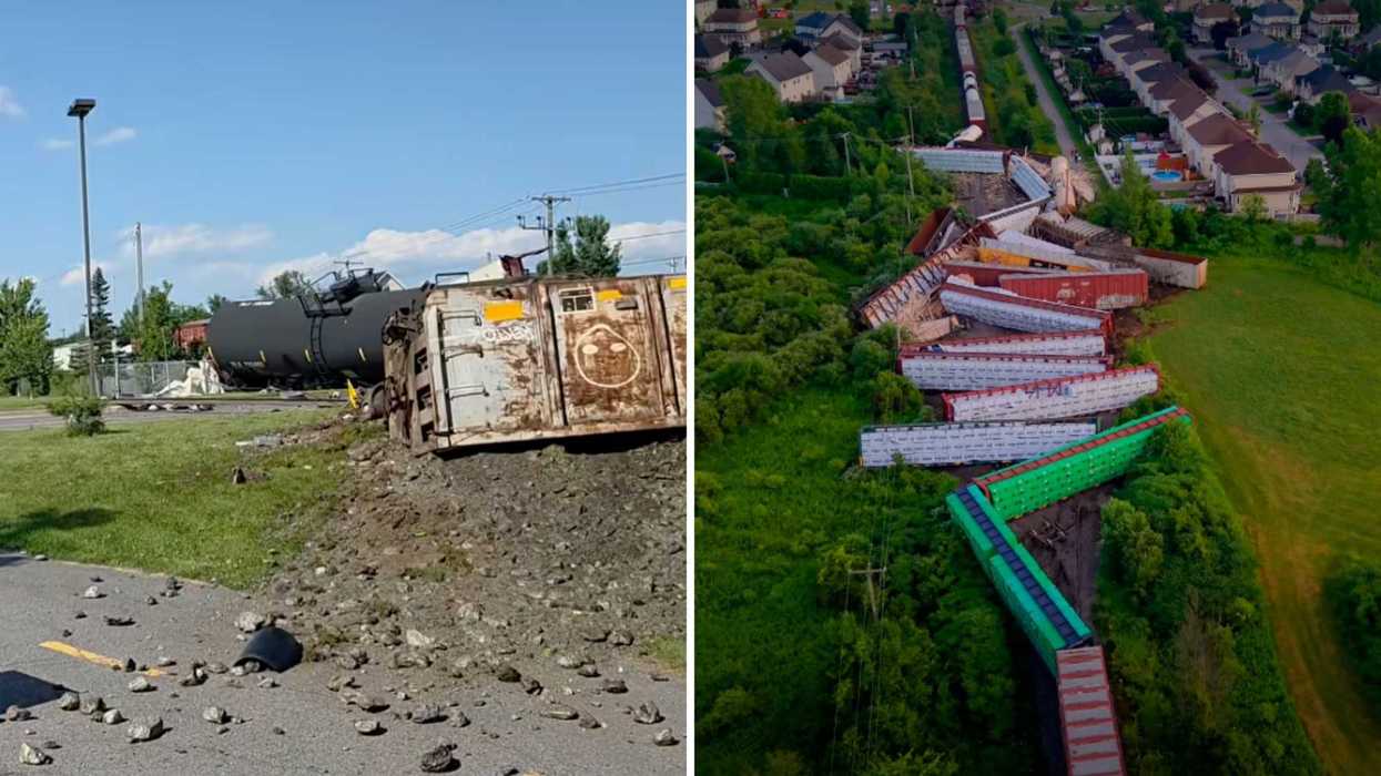 Des wagons. Droite : le train déraillé à Repentigny.