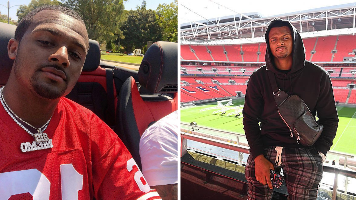 Deshaun Watson in a car. Right: Deshaun Watson at a soccer stadium.
