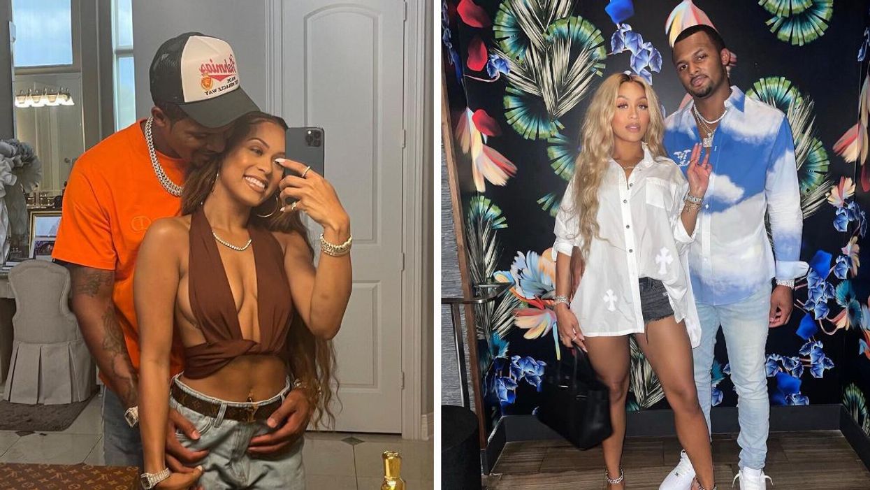 Deshaun Watson in an orange shirt and Jilly Anais in a brown top. Right: Anais in a white shirt and Watson in a cloud printed shirt.