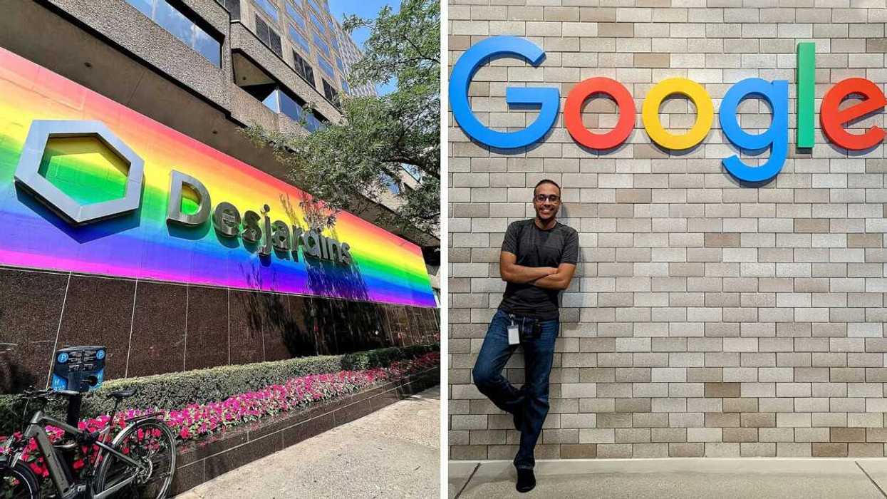 desjardins sign on building in montreal. right: google employee standing in front of google sign