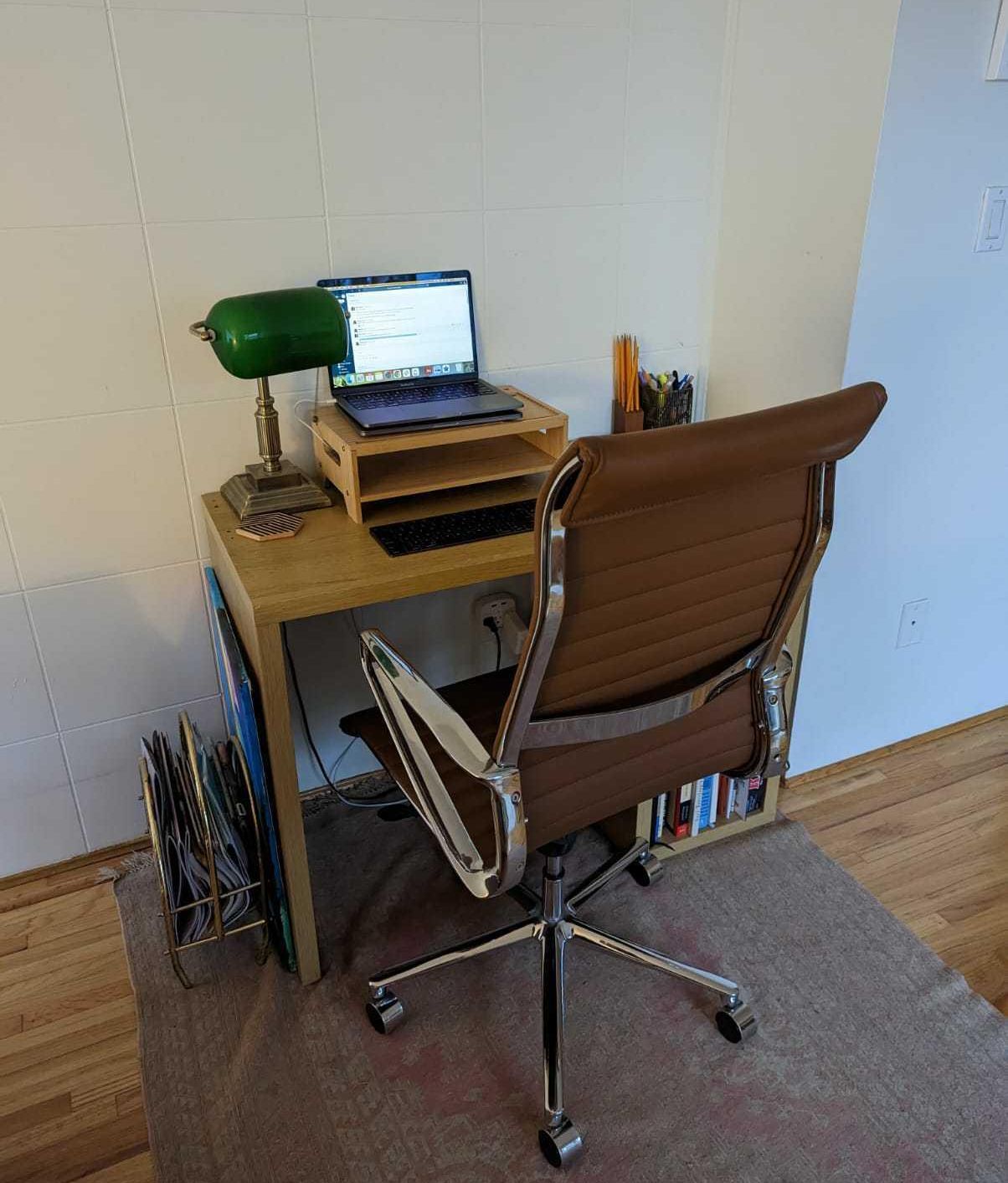 Desk and swivel chair.