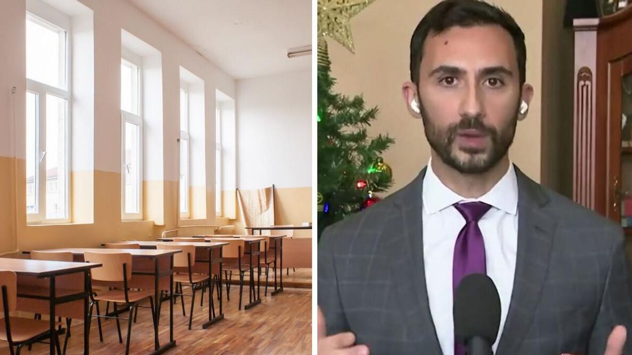 Desks lined in an empty classroom. Right: Education Minister Stephen Lecce.