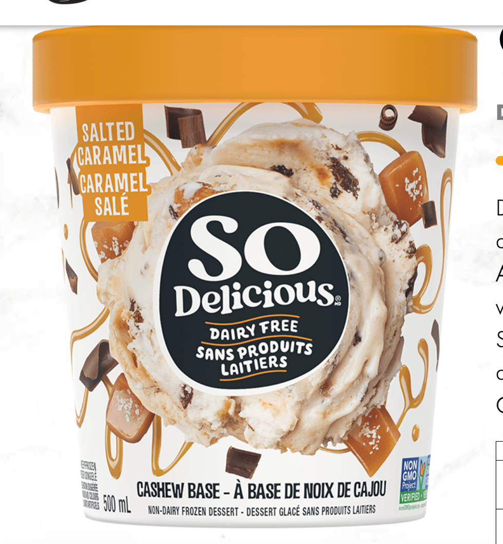 Dessert glac\u00e9 sans produits laitiers \u00e0 base de noix de cajou, caramel sal\u00e9 de marque So Delicious