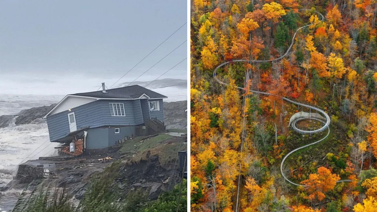 Destruction caused by Hurricane Fiona in Newfoundland. Right: Ridge Runner Mountain Coaster in Collingwood, Ontario.