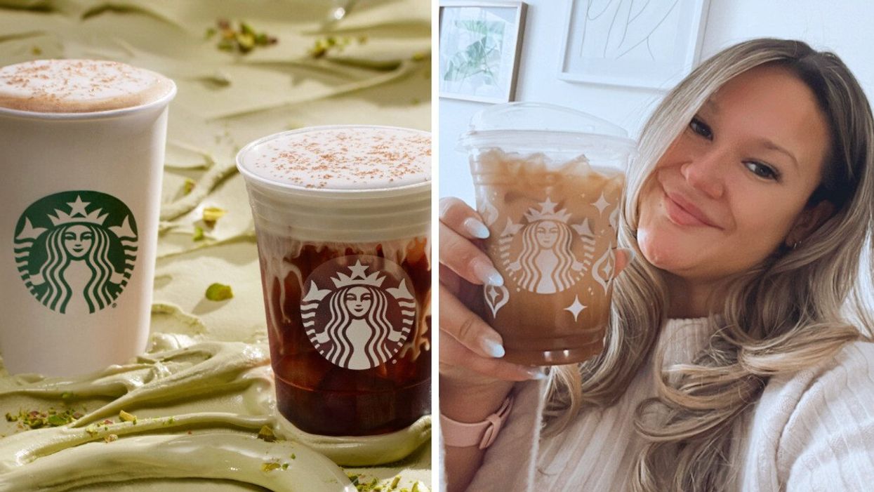 Deux cafés Starbucks déposés sur une tartinade de noisettes. Droite : Izabelle Bee avec son café glacé à la noisette Starbucks.