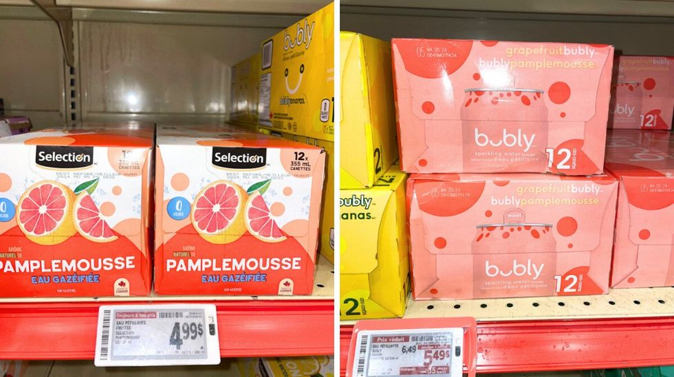 Deux caisses d'eau p\u00e9tillante au pamplemousse \u00e0 l'\u00e9picerie. Droite: Plusieurs caisses d'eau bubly \u00e0 l'\u00e9picerie.