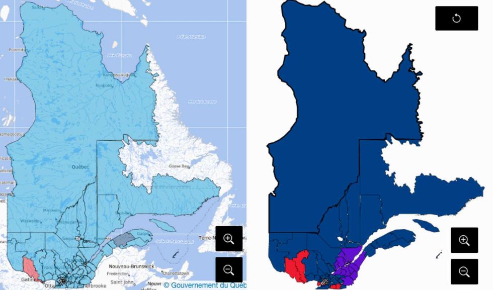 Deux cartes du Qu\u00e9bec selon les r\u00e9sultats \u00e9lectrocaux.