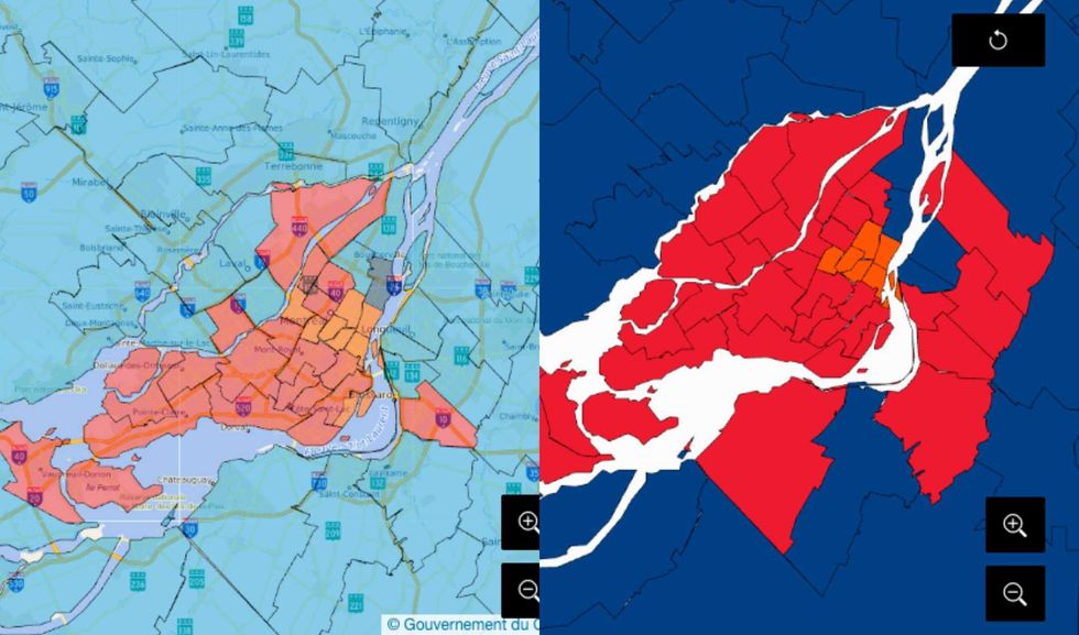 Deux cartes du Qu\u00e9bec selon les r\u00e9sultats \u00e9lectrocaux.