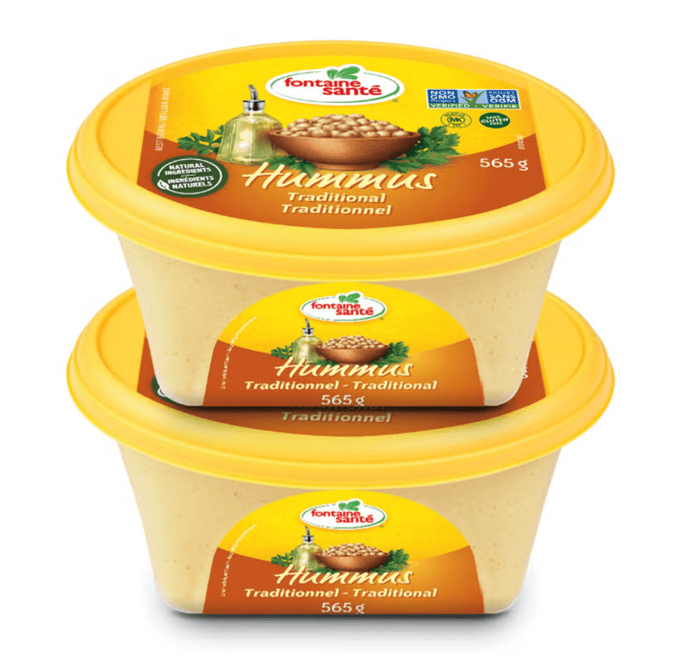 Deux contenants de hummus traditionnel Fontaine Sant\u00e9 de 565 g chacun.