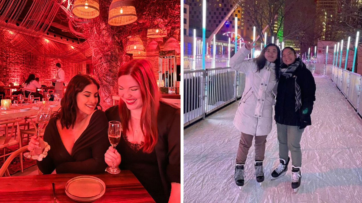 Deux femmes au restaurant Bazart. Droite : Deux femmes au sentier MTL en Lumière.