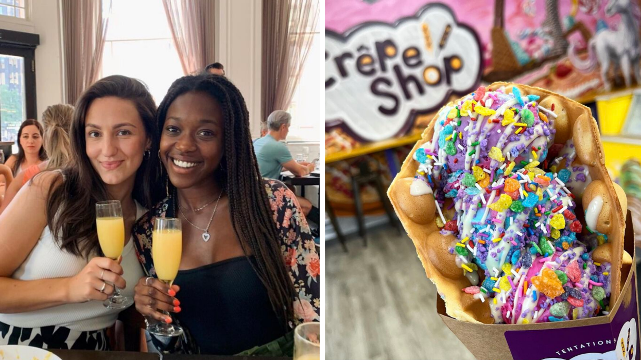 Deux femmes avec mimosa. Droite : Crêpe colorée.