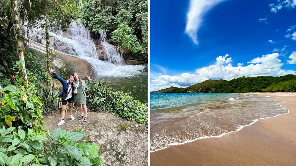 Deux femmes devant une cascade au Brésil. Droite : Plage du Costa Rica.