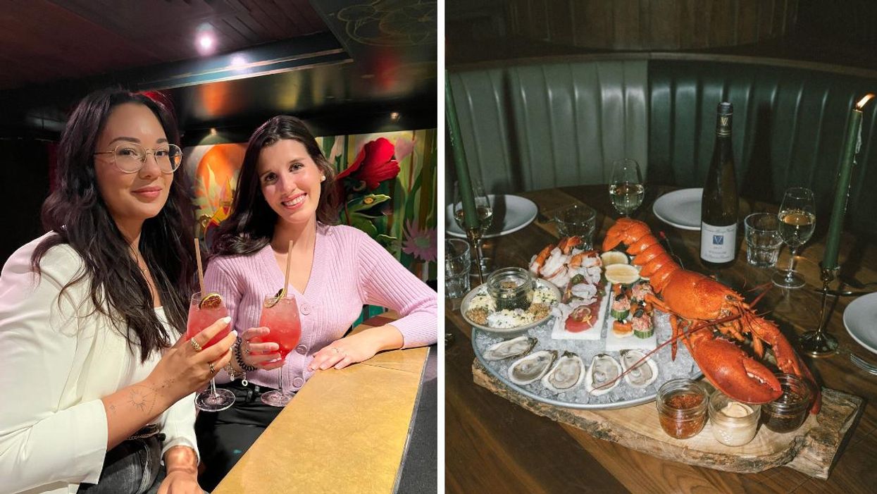 Deux femmes posent, cocktails à la main, au Soubois à Montréal. Droite : Plateau de fruits de mer au restaurant Soubois.