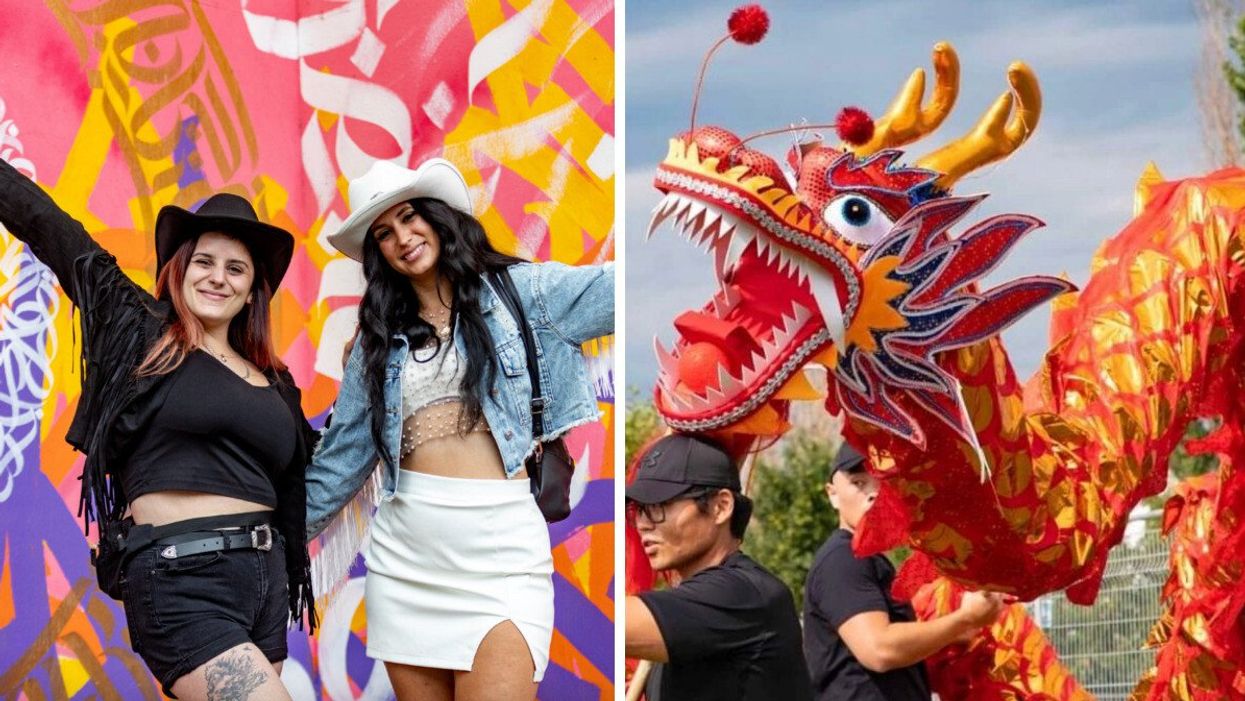 Deux filles à Lasso. Droite : Un dragon pendant un spectacle au Festival Orientalys.