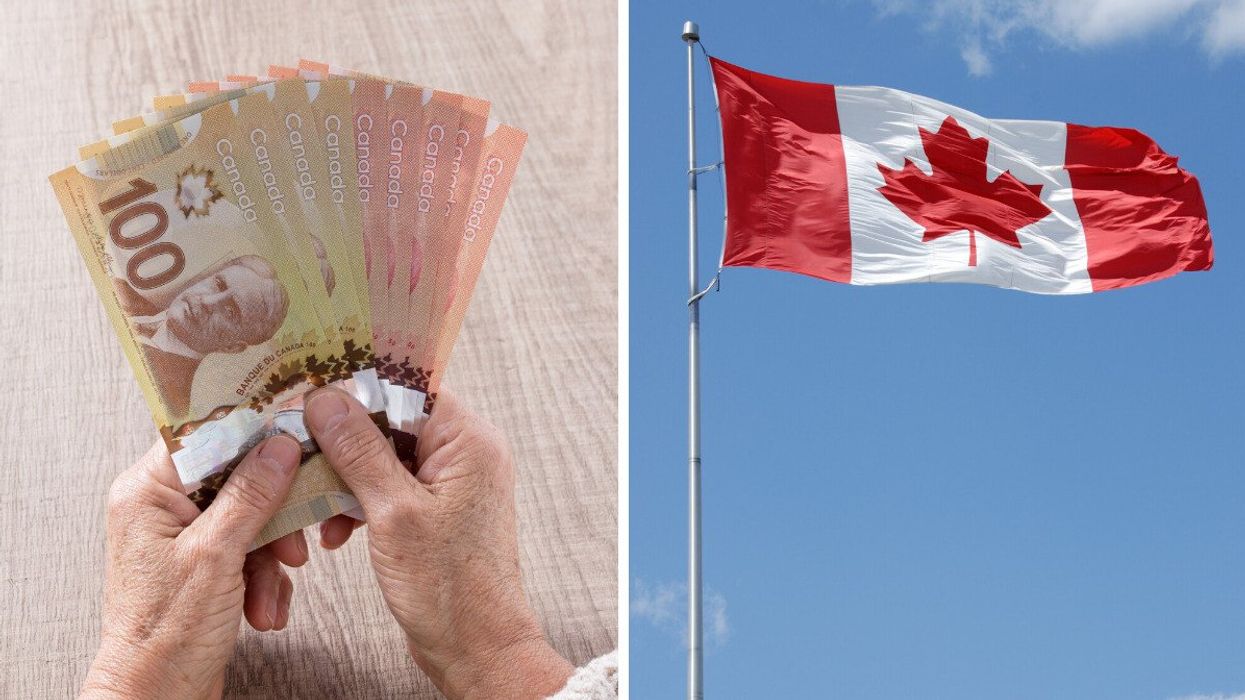 Deux mains tiennent des billets de 50 $ et 100 $ en éventail. Droite : le drapeau du Canada en berne.