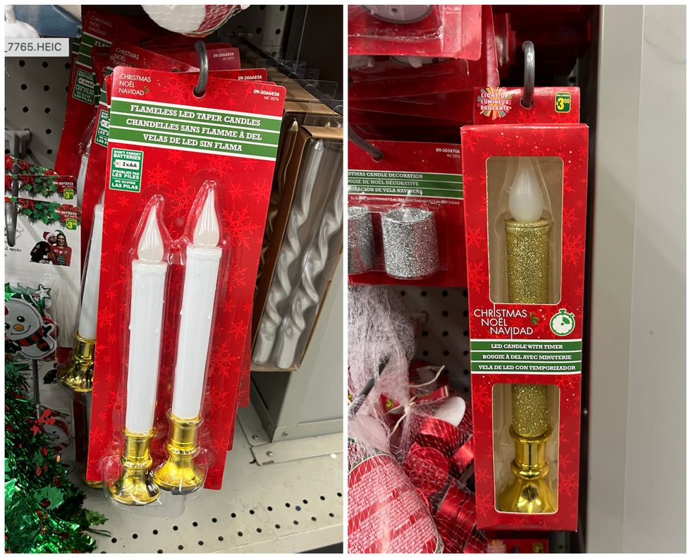 Deux mod\u00e8les de chandelles \u00e0 DEL diff\u00e9rentes du Dollarama. Une blanche et une dor\u00e9e.