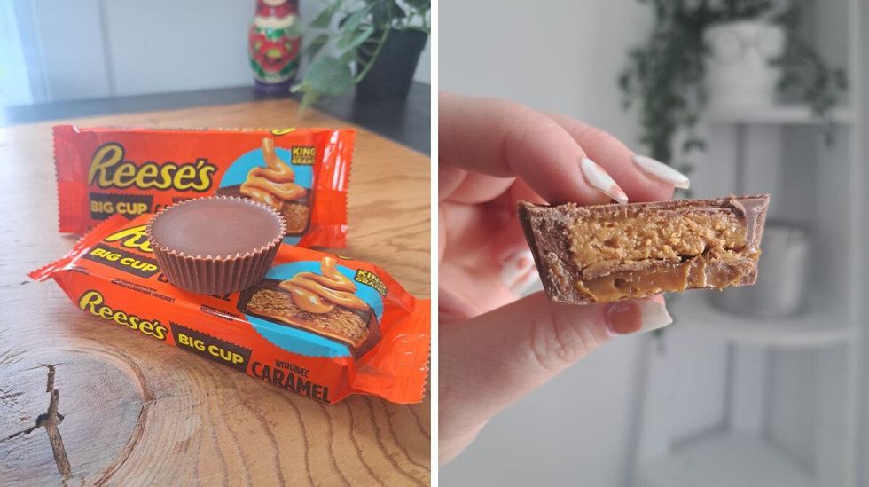 Deux paquets de Reese's Big Cup avec Caramel, avec un Big Cup non emball\u00e9. Droite: Une main tenant et montrant l'int\u00e9rieur d'un REESE'S BIG CUP avec Caramel..