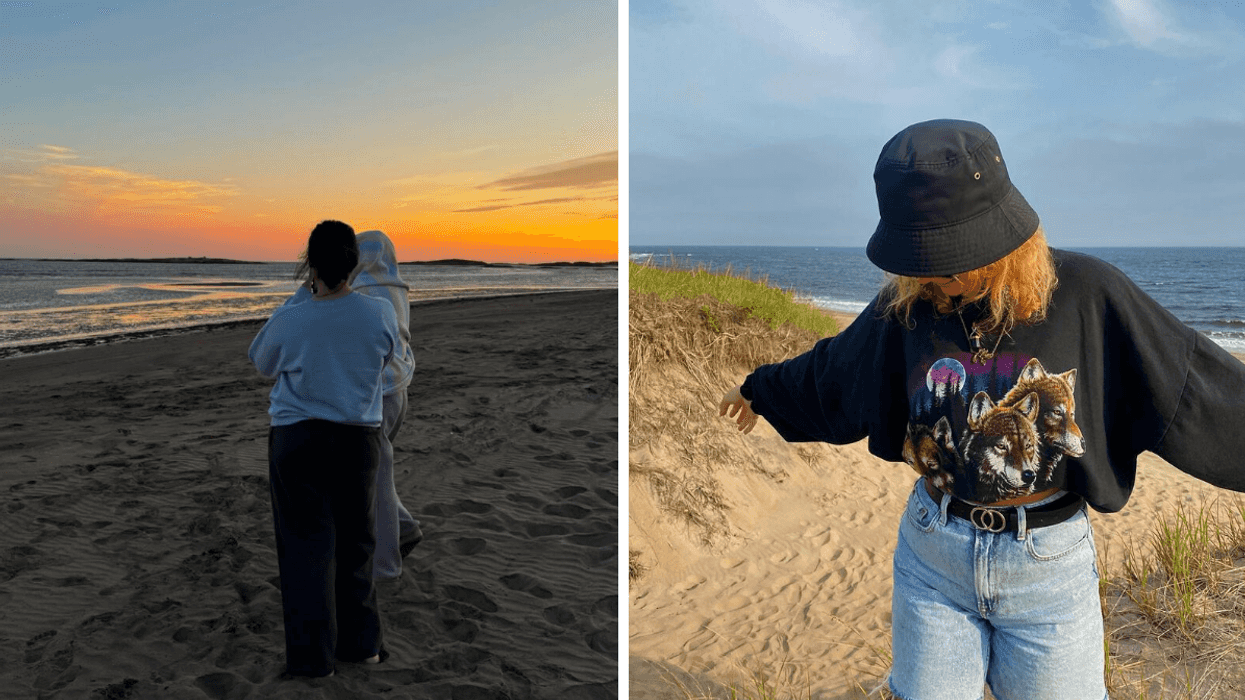 Deux personne sur une plage au coucher du soleil. Droite : Une personne sur la plage.