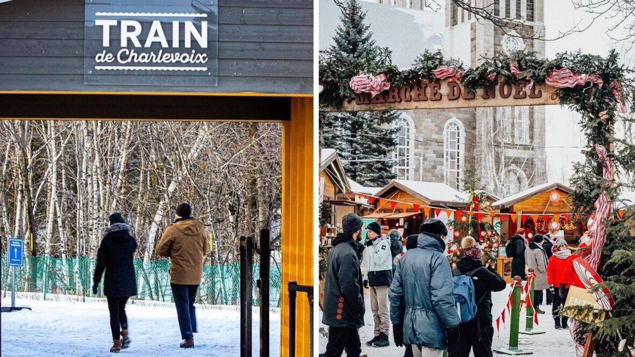deux personnes à l'entrée enneigée de la gare du train de Noël de Charlevoix à Québec. droite : la foule à l'entrée du marché de Noël de Baie-Saint-Paul.