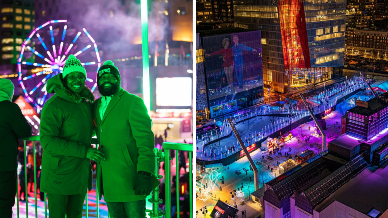 Deux personnes à Montréal en Lumière. Droite : Le sentier illuminé de Montréal en Lumière.