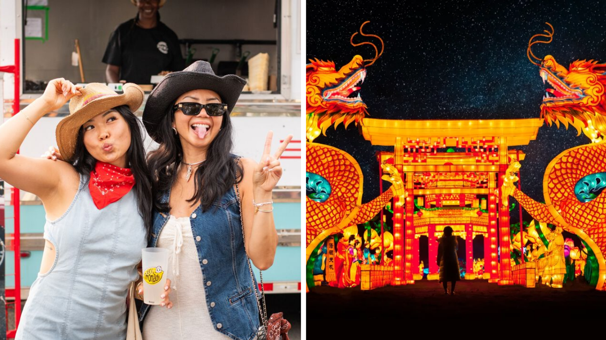 Deux personnes au Festival Shérif. Droite : Une personne devant une structure lumineuse de Festilumi à Montréal.