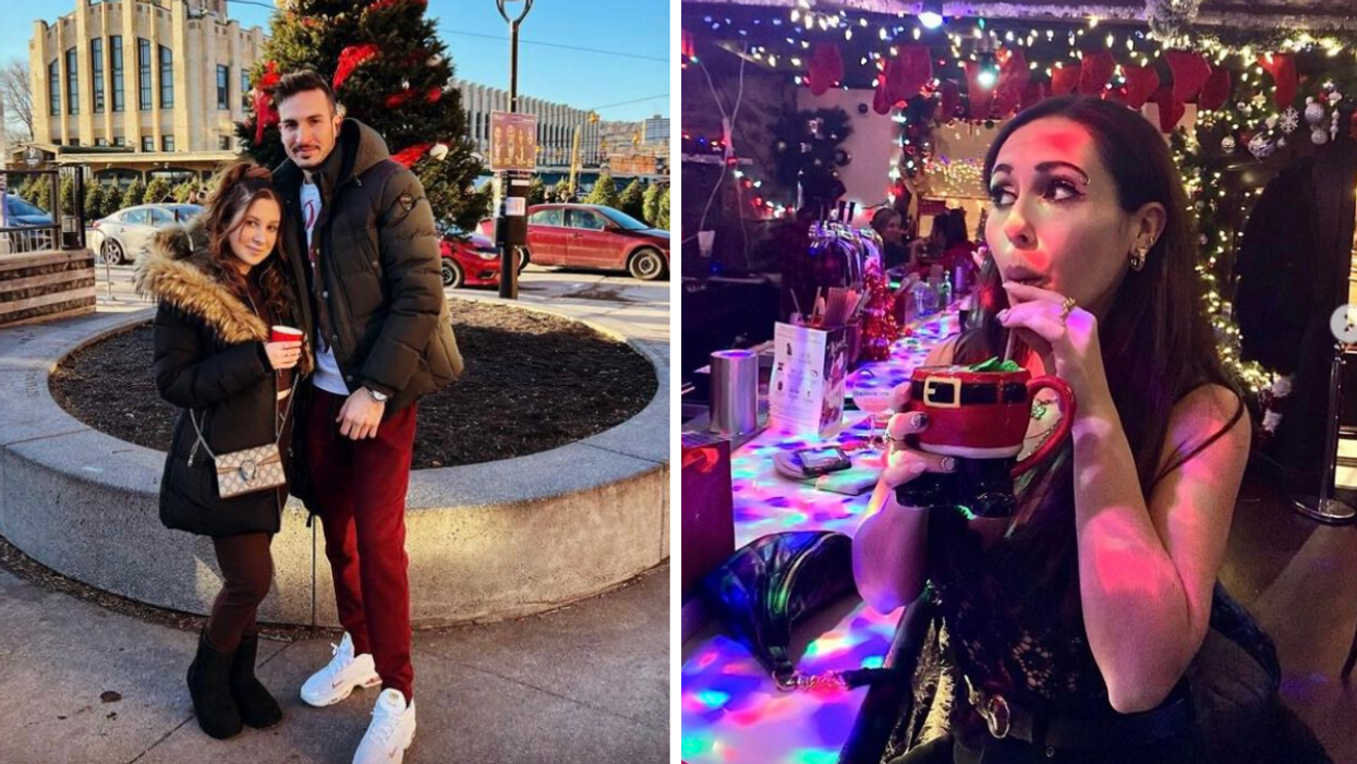 Deux personnes au Marché de Noël Atwater. Droite : Personne au bar de Noël.