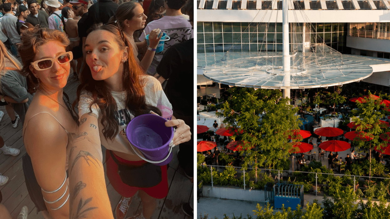 Deux personnes au Piknic Électronik avec un seau. Droite : La terrasse Le jardin du Casino de Montréal.